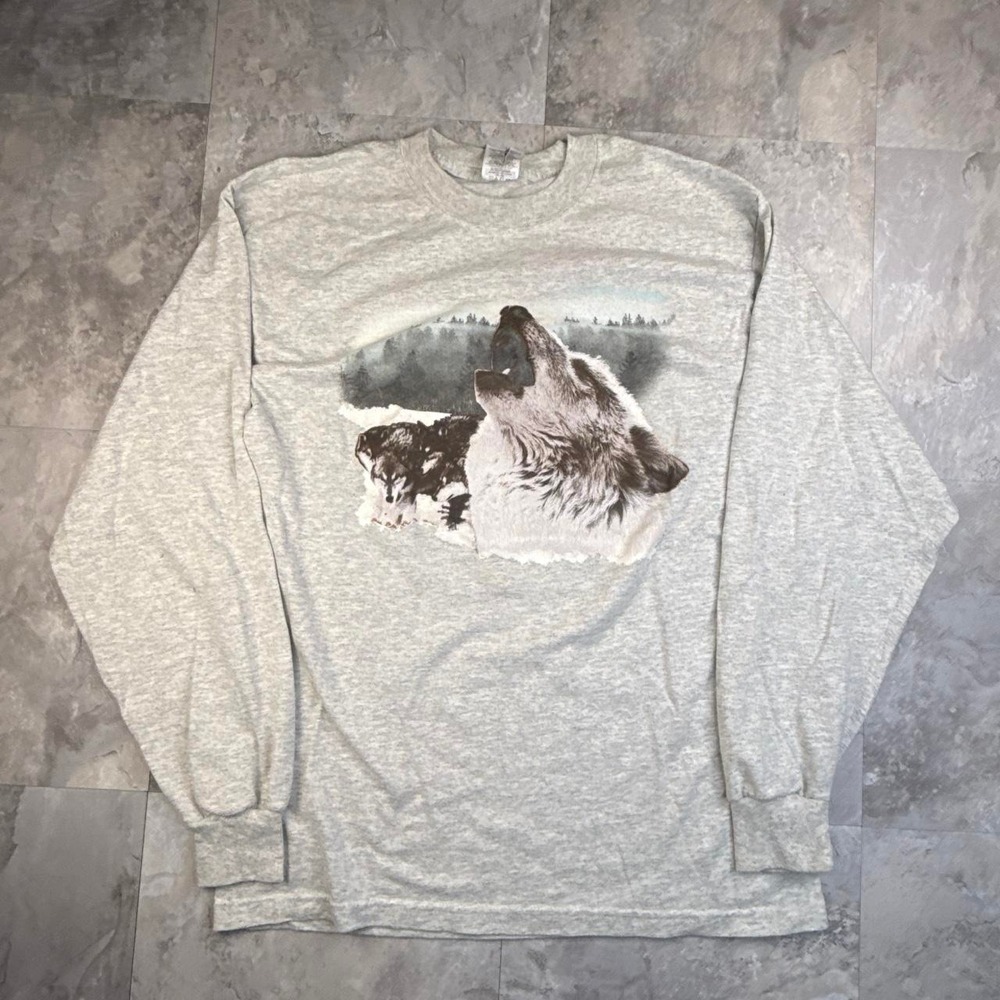 Vintage Gray Howling Wolf Jerzees Long Sleeve Shirt Large